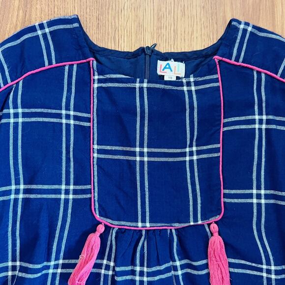 Lali Navy And White Plaid Pink Tassel Dress - Picture 2 of 11